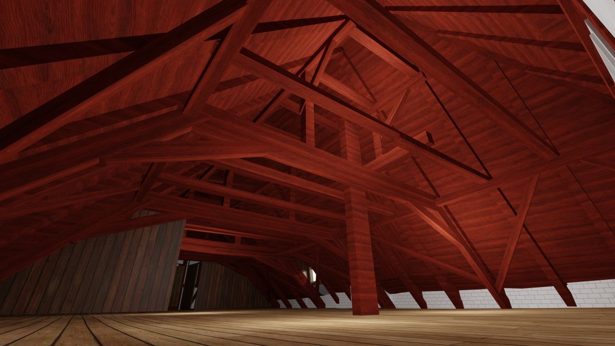3D BIM モ デ ル の 屋 根 の 木 造 建 築