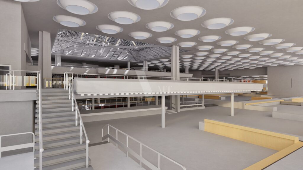 Interior BIM model of the Staatsbibliothek zu Berlin showing structural ceiling detail and multi-level floor plates