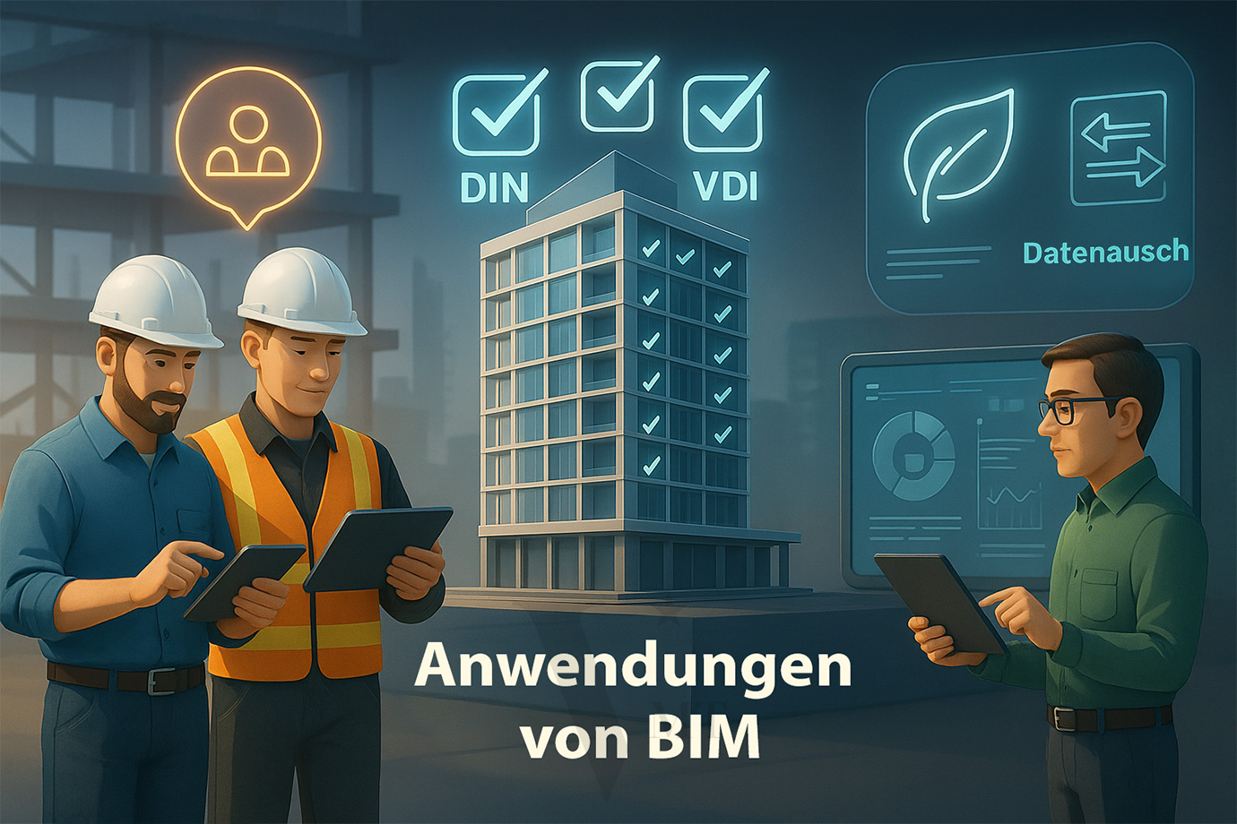 Anwendungen von BIM Normen in der Praxis: Ingenieure auf der Baustelle mit Tablets, ein digitales 3D-Gebäudemodell mit DIN, ISO und VDI Checkmarks sowie Facility Management auf Monitoren.