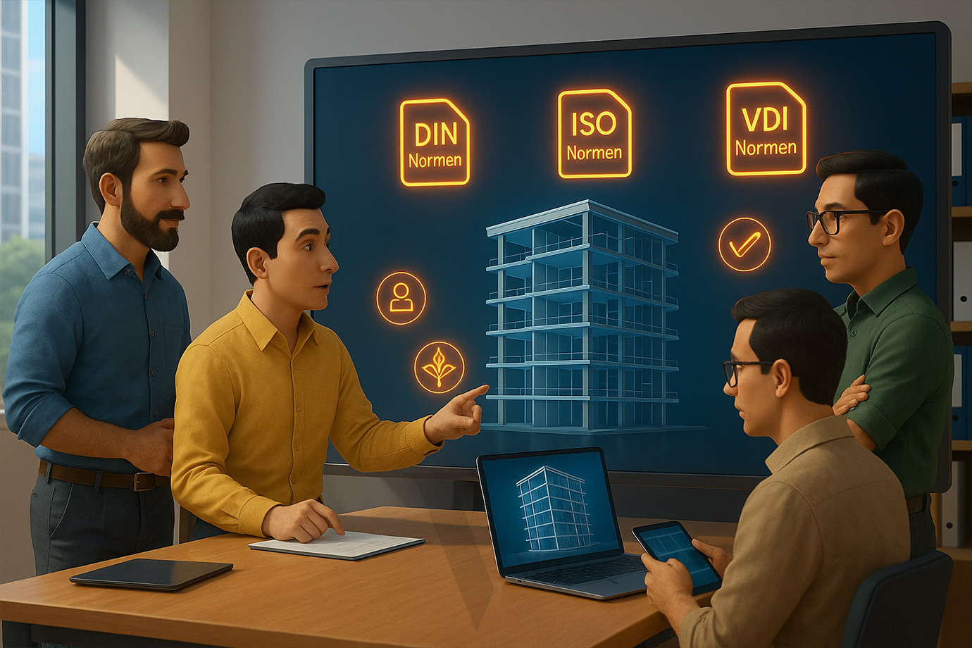 Architekten und Ingenieure in einem modernen Büro besprechen ein digitales BIM-Modell auf einem Bildschirm mit DIN Normen, ISO Normen und VDI Normen – Grundlagen der BIM-Standards in Deutschland und Europa.