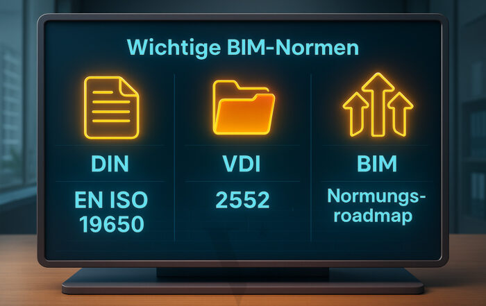 Vergleich der BIM Normen in Deutschland und Europa: DIN EN ISO 19650, VDI 2552 und die Normungsroadmap BIM in einer modernen Infografik.