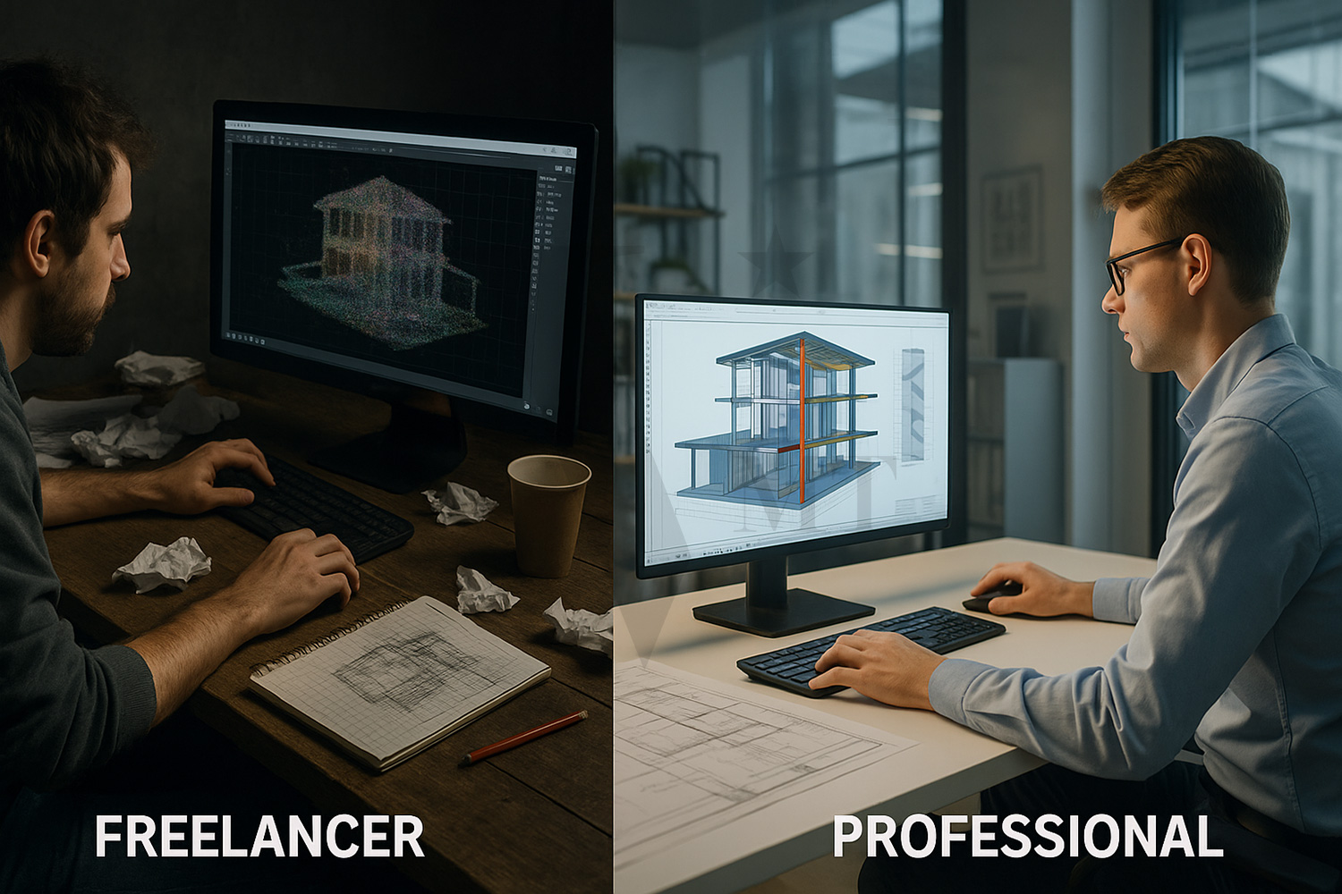 Comparison between freelancer and professional approach to Point Cloud to BIM modeling, illustrating accuracy and workflow difference.