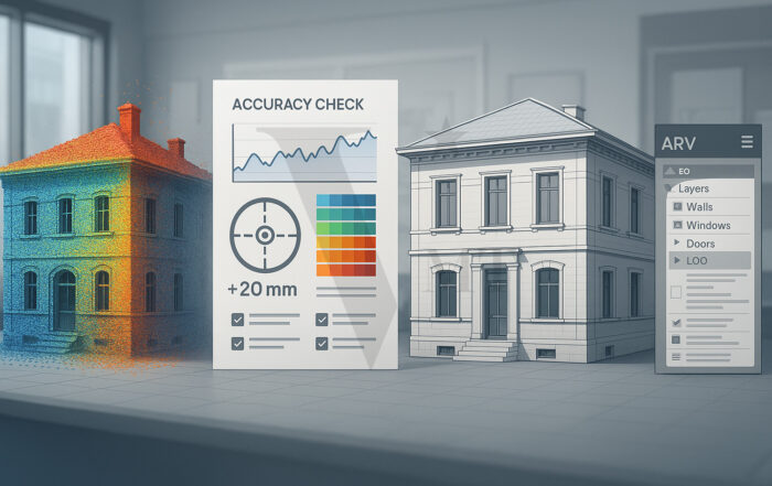 Technical illustration showing the transformation from a 3D point cloud to a detailed BIM model with accuracy checks, QA indicators, and engineering workspace elements.