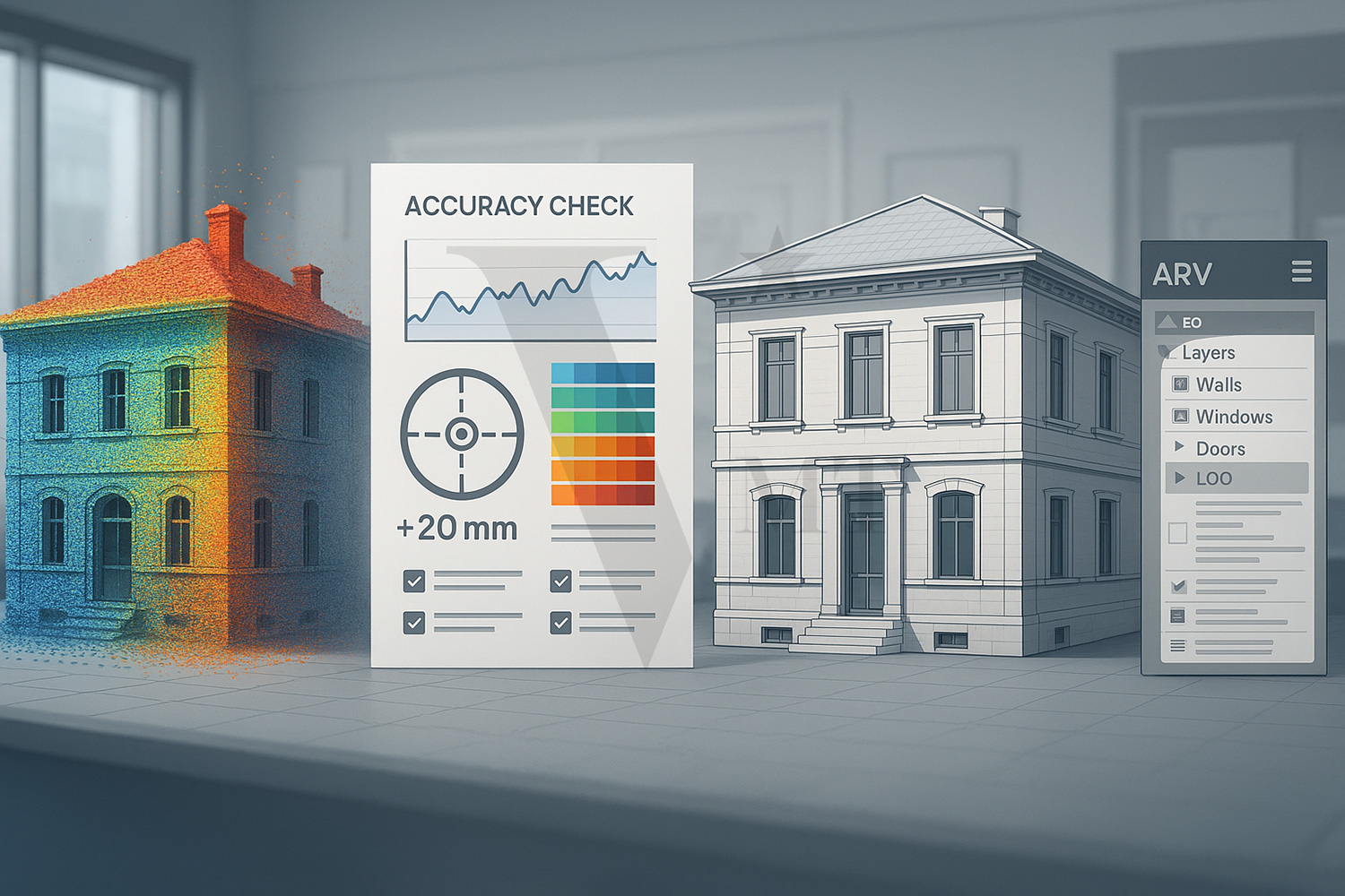 Technical illustration showing the transformation from a 3D point cloud to a detailed BIM model with accuracy checks, QA indicators, and engineering workspace elements.