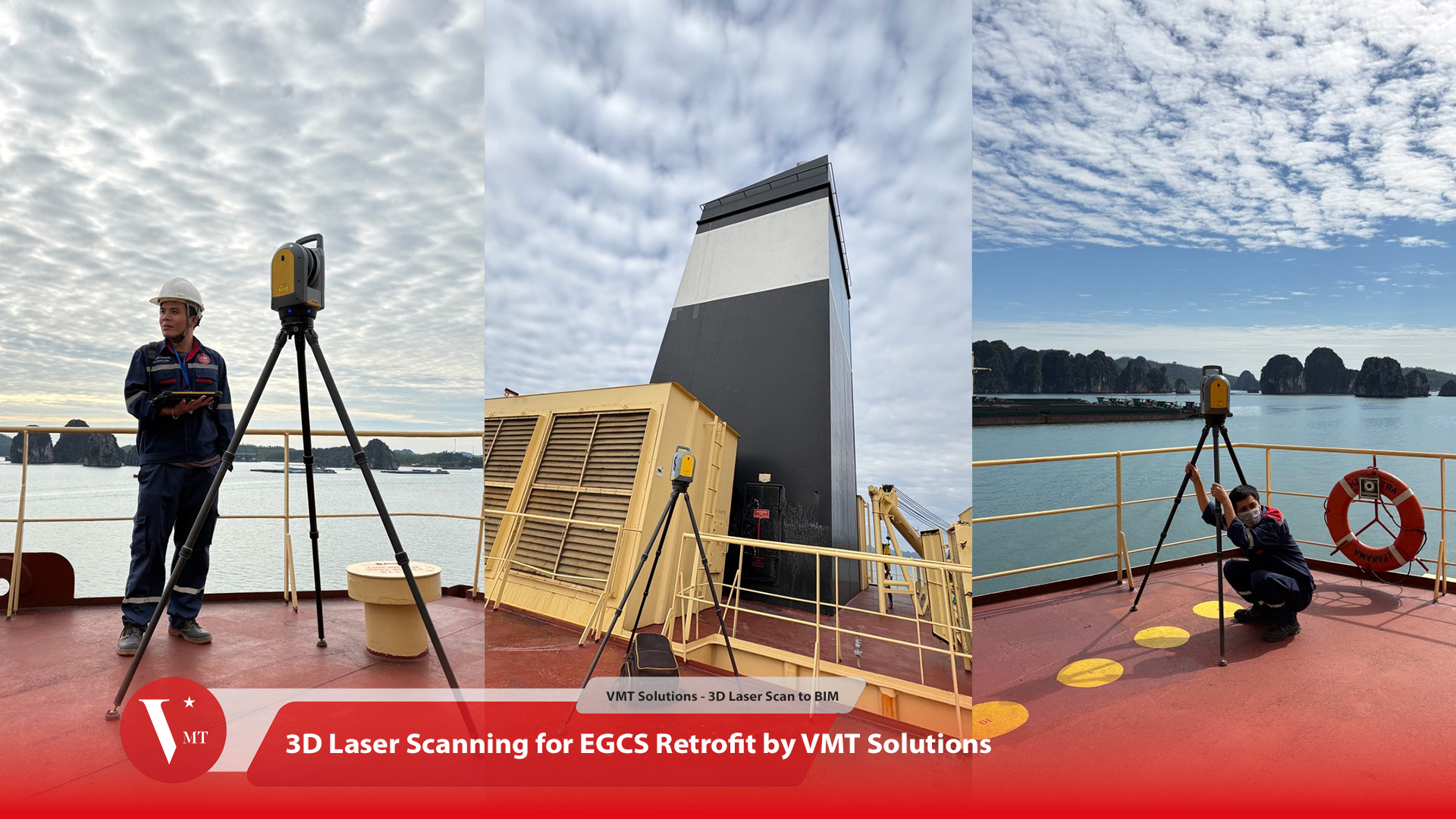 Engineer performing 3D laser scanning onboard for EGCS retrofit