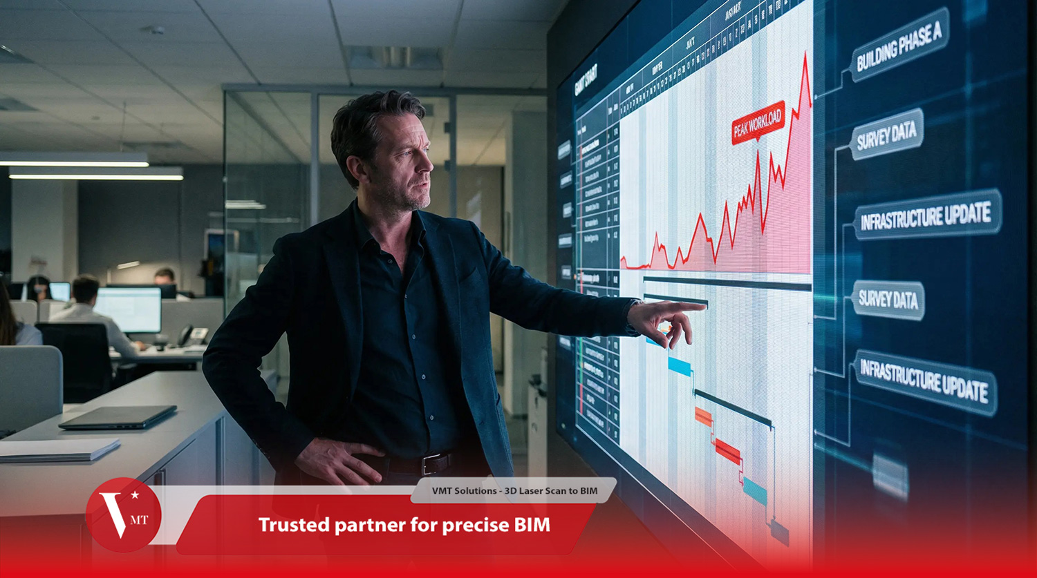 Project manager analyzing Gantt chart and capacity spike during BIM workload peak for a surveying project