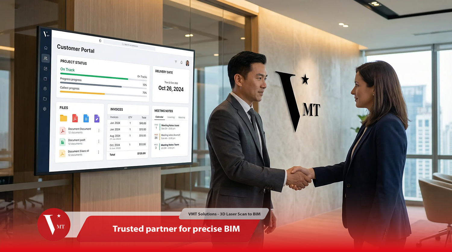 Transparent BIM collaboration with client portal dashboard showing project status, deliveries, files, invoices, and meeting notes