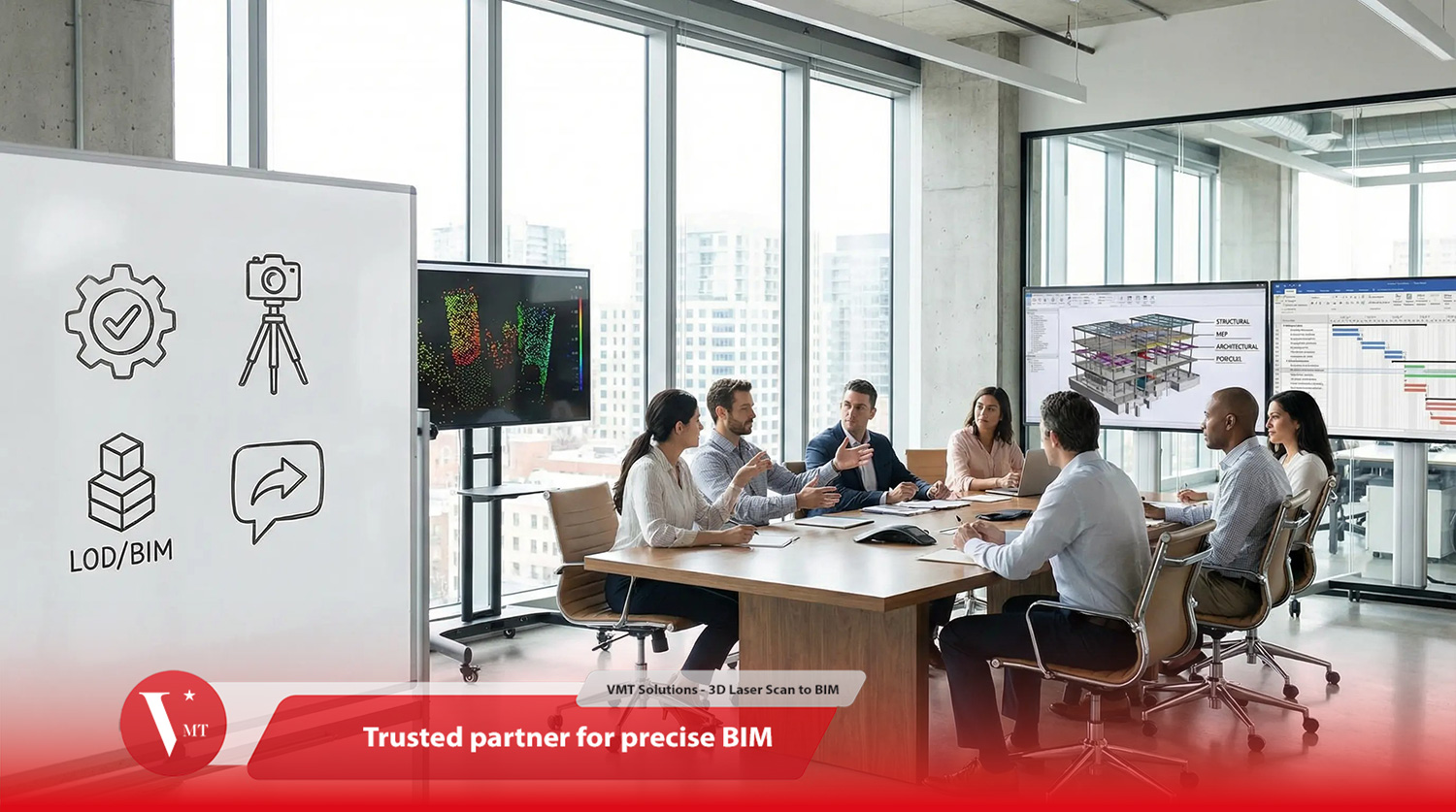 Projektteam im BIM-Büro prüft Punktwolke und BIM-Modell mit QS-Checkliste für zuverlässige Zusammenarbeit