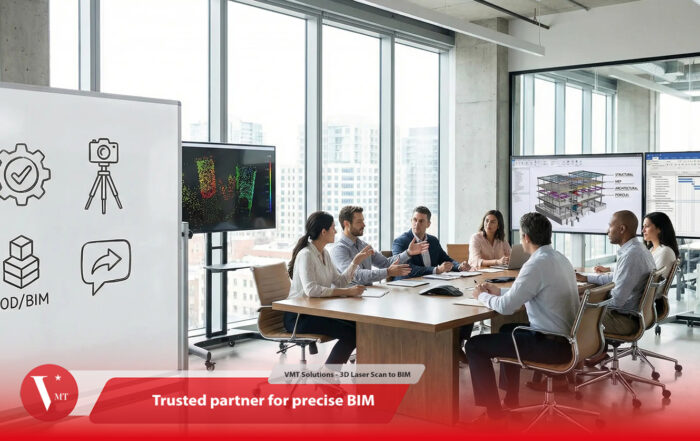 Collaborative BIM project team reviewing point cloud data and BIM model with QA checklist in a modern office