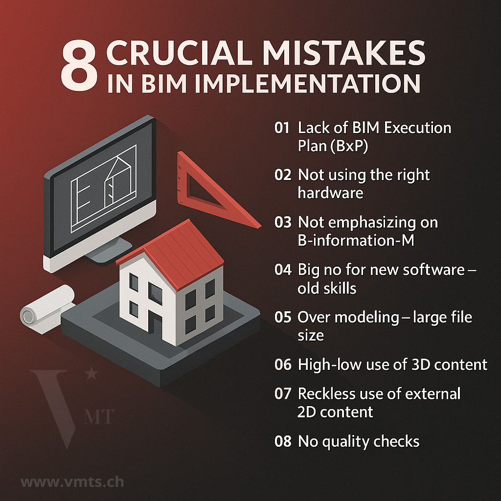 Infographic illustrating 8 crucial mistakes in BIM implementation with 3D house model