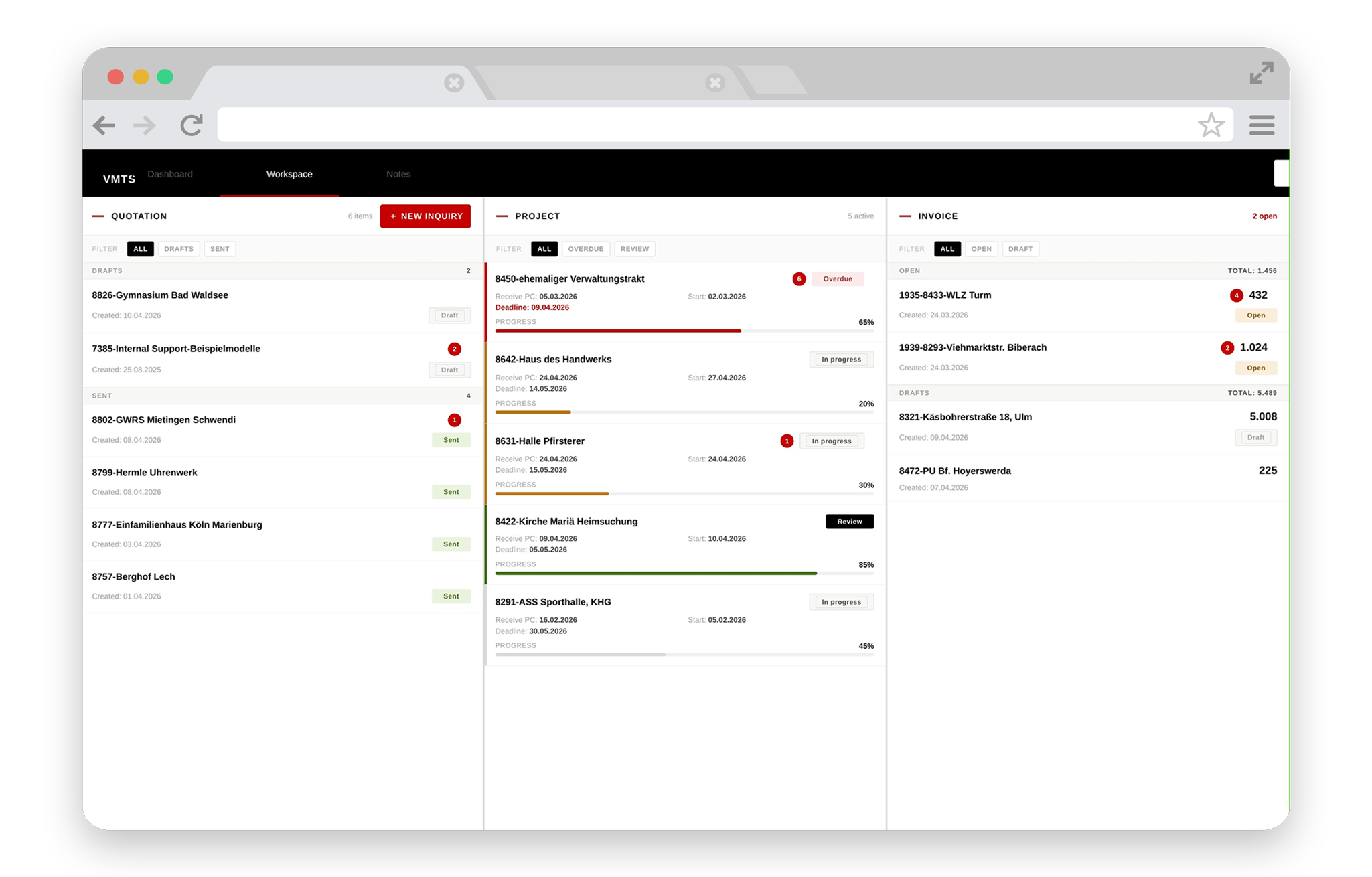 Portal interface showing project tracking