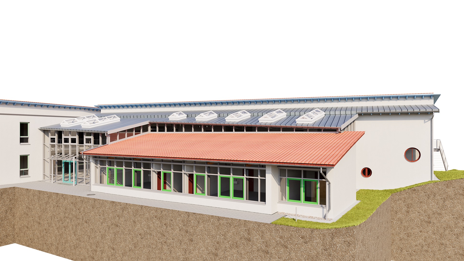 Geometria di copertura complessa della scuola – modellata in Allplan da nuvola di punti