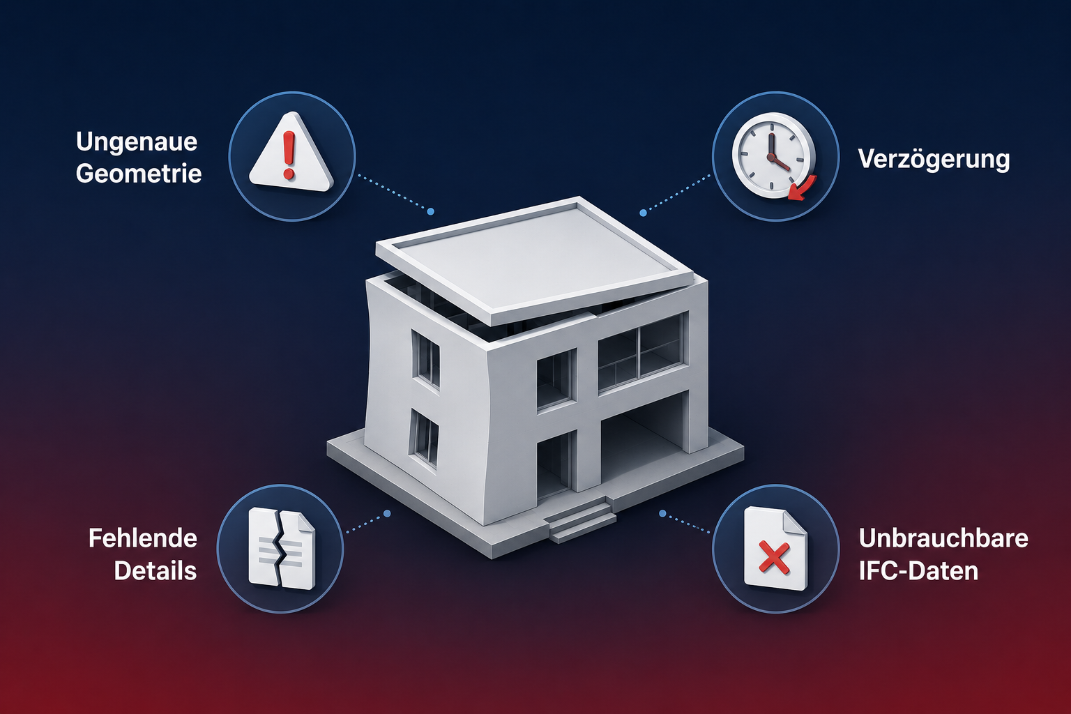 Risiken einer unprofessionellen Scan-to-BIM Umsetzung: ungenaue Geometrie, Verzögerung, fehlende Details, unbrauchbare IFC-Daten