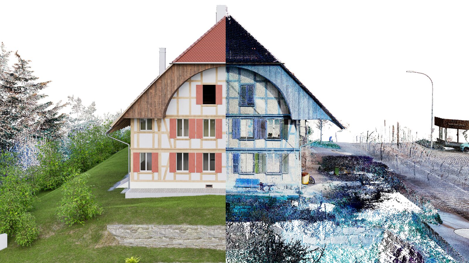 Matterport Scan to BIM Sanierungsprojekt: historische Fassade mit umgebender Vegetation, Punktwolkendaten neben dem fertigen BIM-basierten Render