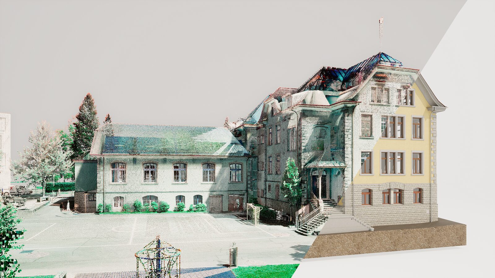 Point cloud to Revit exterior comparison: laser scan point cloud transitioning into the native Revit BIM model of the building envelope