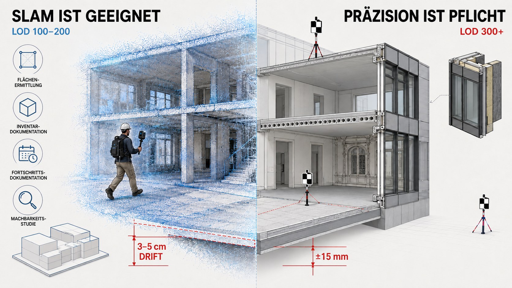 Wann SLAM genügt und wann nicht: LOD 100 bis 200 mit 3 bis 5 cm Drift gegenüber LOD 300 mit Passpunkten und einer Maßgenauigkeit von 15 mm