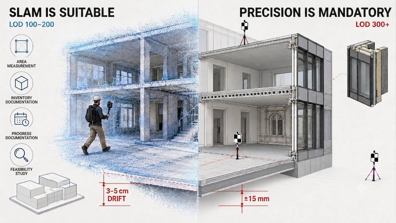 Khi nào SLAM là đủ và khi nào không: LOD 100 đến 200 chấp nhận drift 3 đến 5 cm, còn LOD 300 cần điểm khống chế và độ chính xác kích thước 15 mm