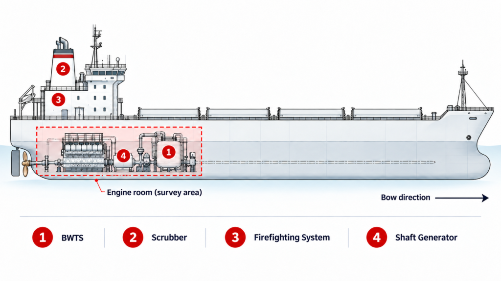 Engine room 3D laser scanning survey: BWTS, scrubber, firefighting and shaft generator retrofit zones