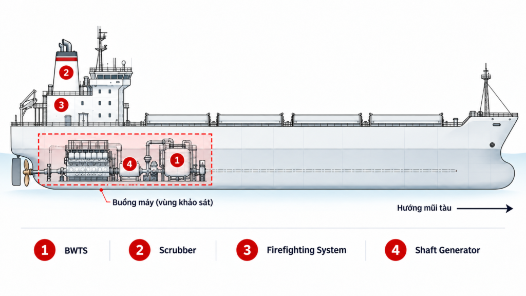 Sơ đồ buồng máy tàu biển: khu vực retrofit BWTS, Scrubber, hệ thống chữa cháy, Shaft Generator