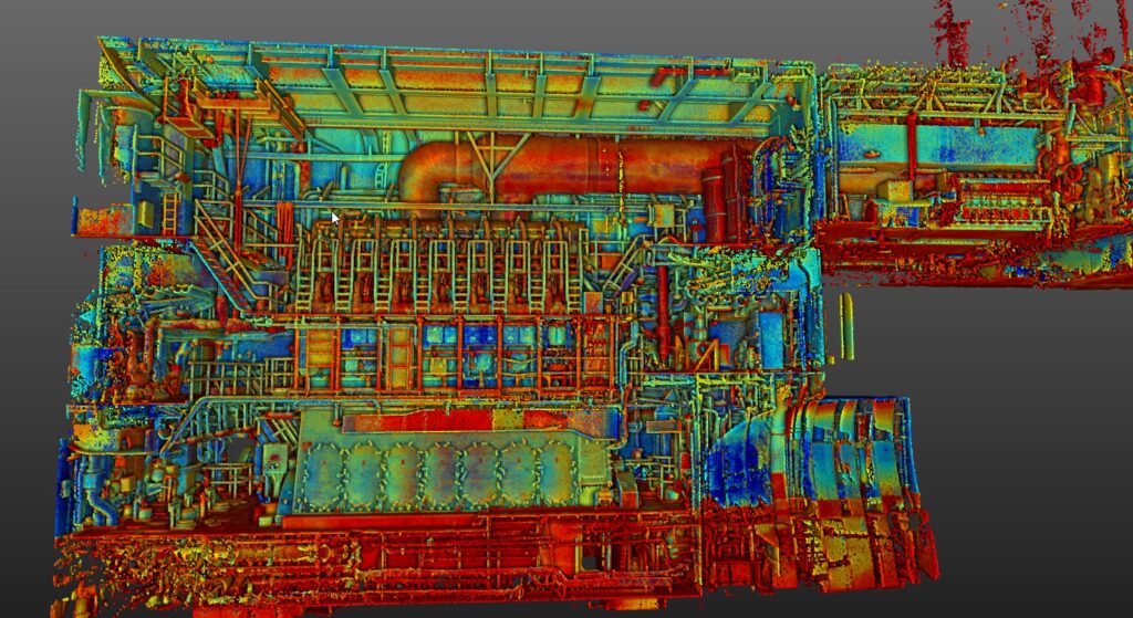 Engine room point cloud from a 3D laser scanning survey of a vessel