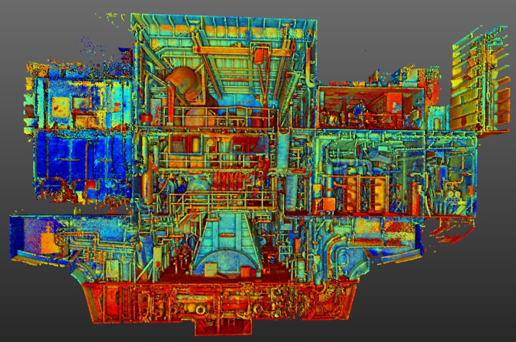 Engine room point cloud from a 3D laser scanning survey of a vessel