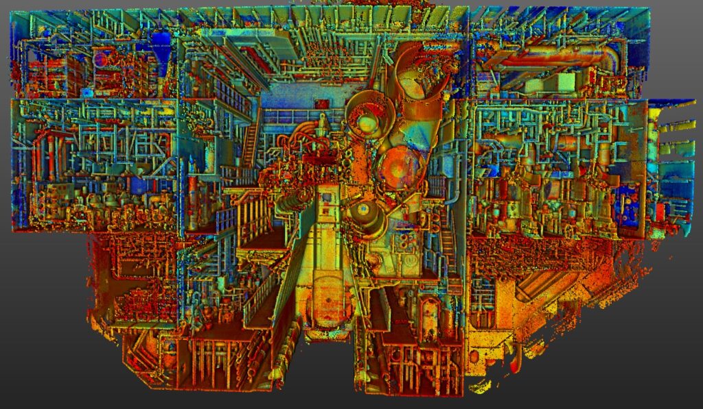 Engine room point cloud from a 3D laser scanning survey of a vessel