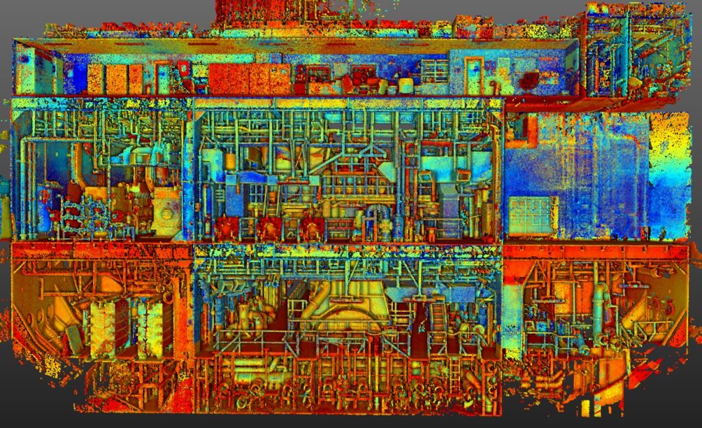 Engine room point cloud from a 3D laser scanning survey of a vessel
