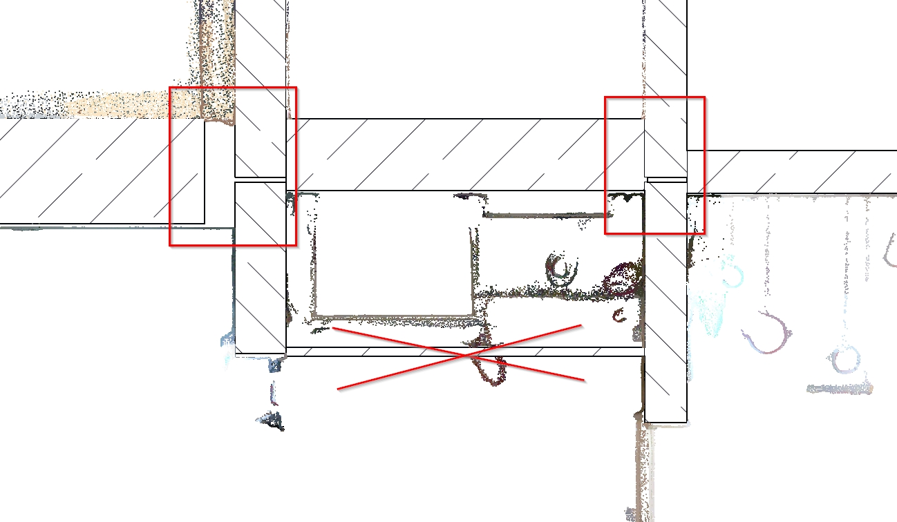 Fehlerhafte Wand-Decken-Anschlüsse im BIM-Modell, sichtbar im Punktwolkenschnitt