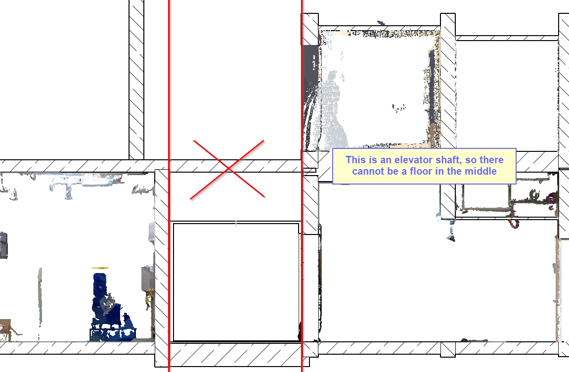 Check a BIM model against the point cloud Point cloud overlay showing a BIM model error: floor slab modelled inside an elevator shaft