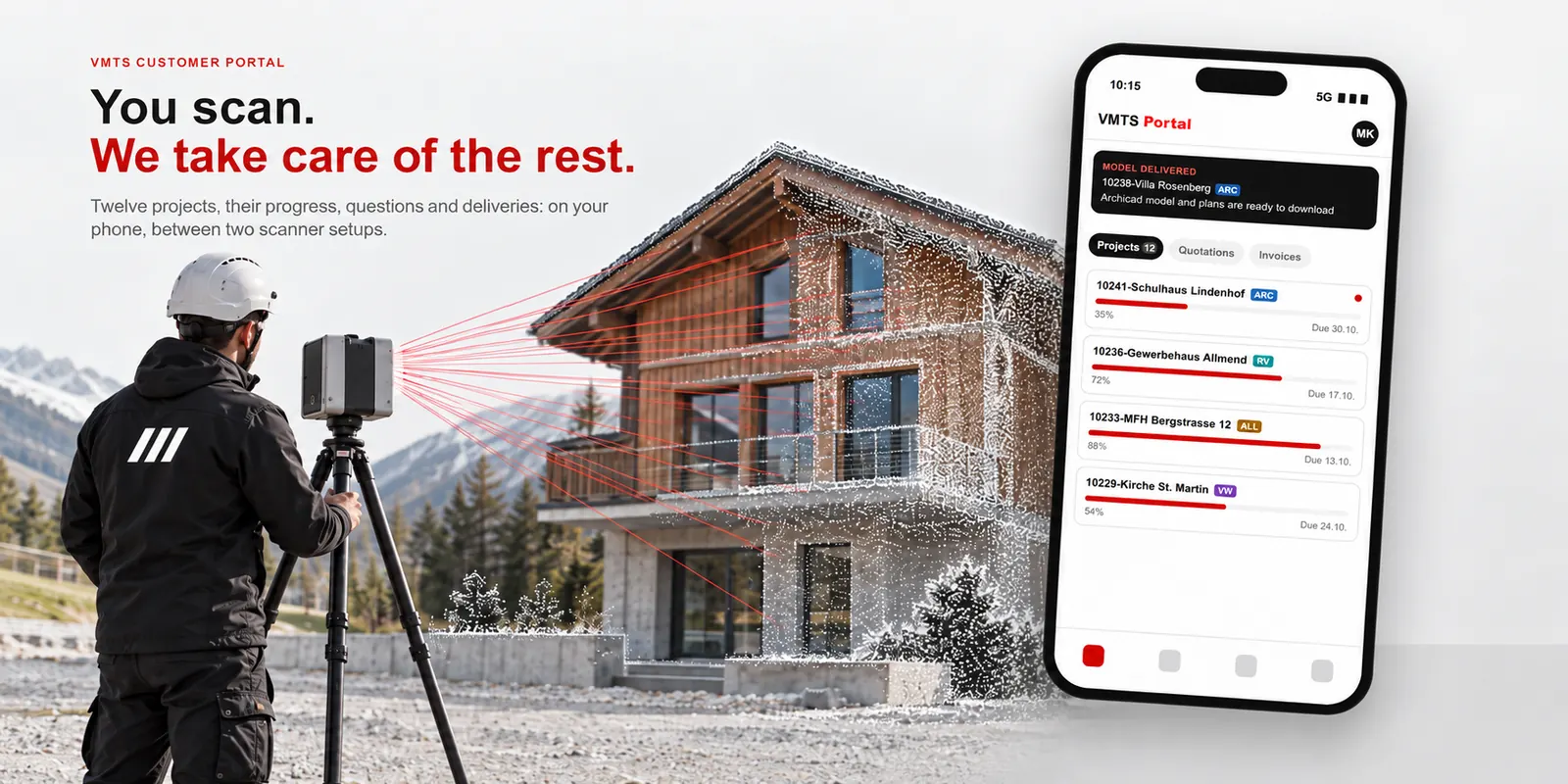 Surveyor laser scanning a house on site while the scan to BIM customer portal shows twelve running projects on a phone