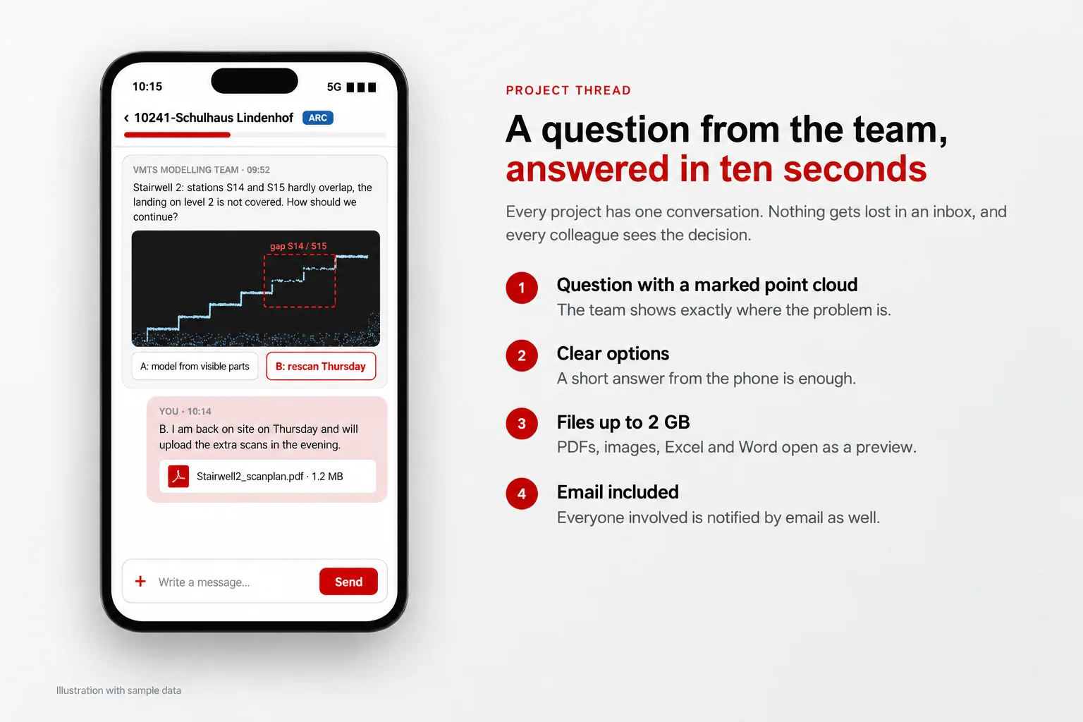 Project thread in the scan to BIM customer portal: a question from the modelling team with a marked gap in the point cloud and the answer from a phone