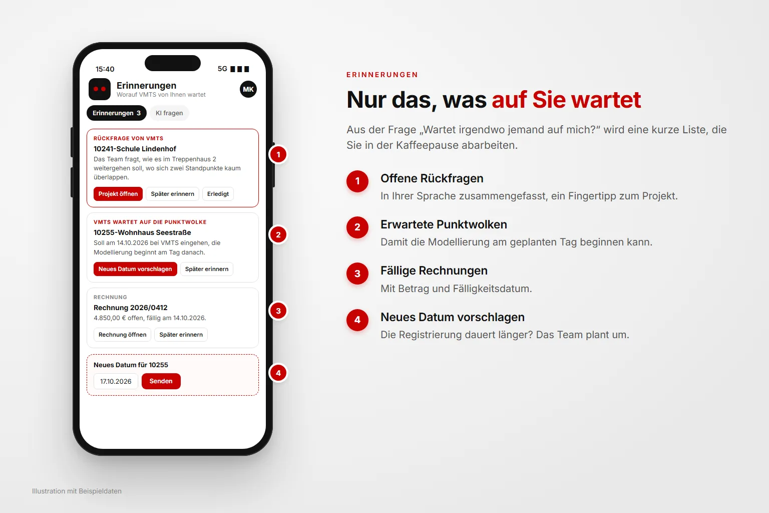 Erinnerungen im Scan-to-BIM Kundenportal: offene Rückfrage, erwartete Punktwolke und fällige Rechnung