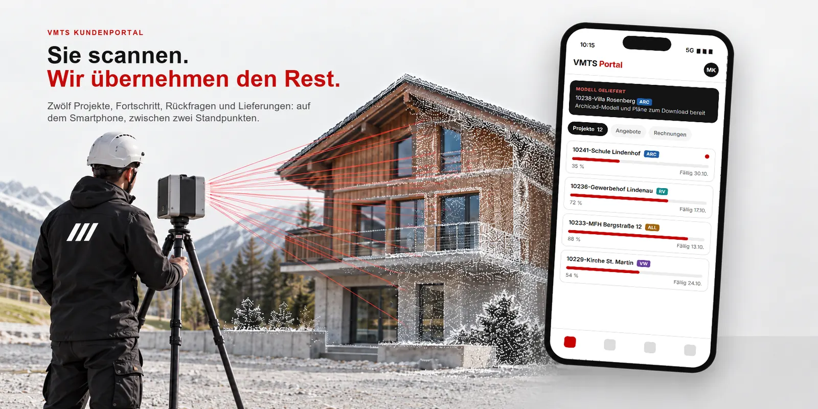 Vermesser beim Laserscanning eines Hauses, daneben das Scan-to-BIM Kundenportal mit zwölf laufenden Projekten auf dem Smartphone